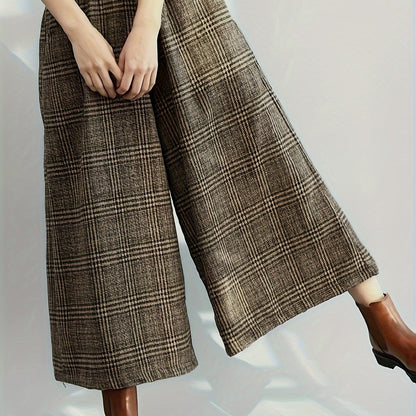 Effortless Plaid Wide Leg Pants for Women with High Waist Pocket Cropped Flowing Casual Style