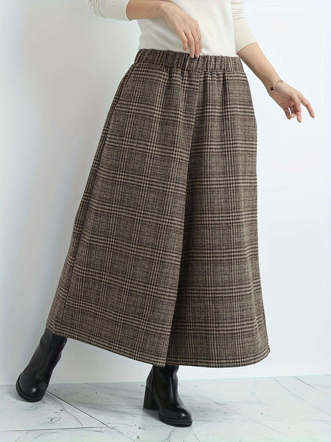 Effortless Plaid Wide Leg Pants for Women with High Waist Pocket Cropped Flowing Casual Style