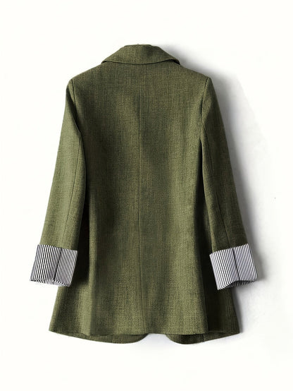 Elegant Fern Green Blazer for Women with Notch Lapel Long Sleeve Striped Cuff Tailored Style