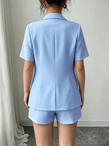 Elegant Tailored Short Suit for Women with Notched Lapel Half Sleeve Button Front Blazer Two Piece Style