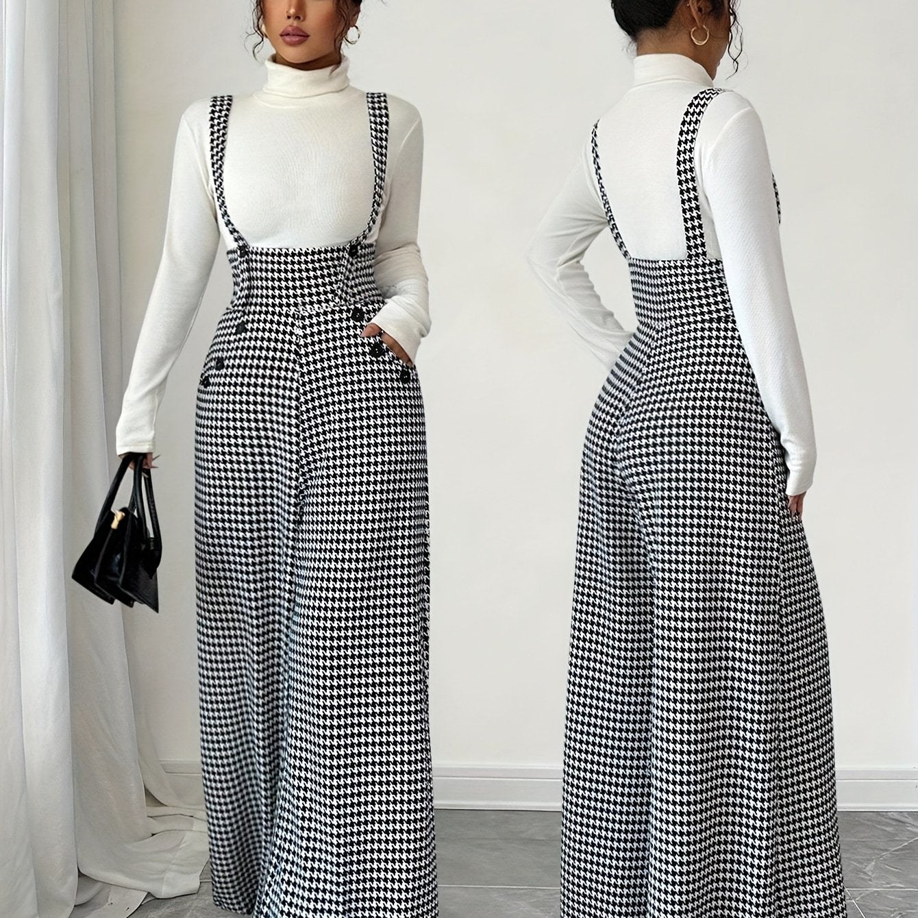 Elegant Houndstooth Wide Leg Overalls for Women with Square Neck Sleeveless High Waist Button Front Relaxed Style