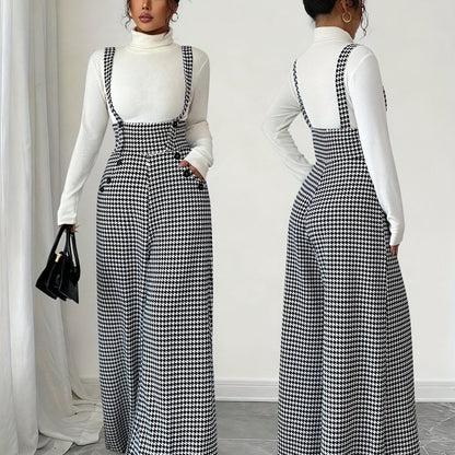 Elegant Houndstooth Wide Leg Overalls for Women with Square Neck Sleeveless High Waist Button Front Relaxed Style
