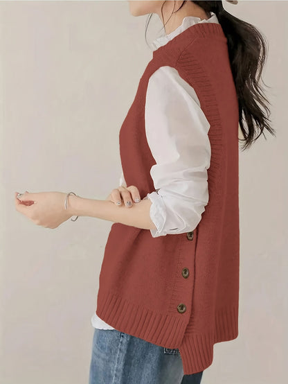 Comfortable Sweater Vest for Women with Mock Neck Sleeveless Side Button Relaxed Oversized Knit Style