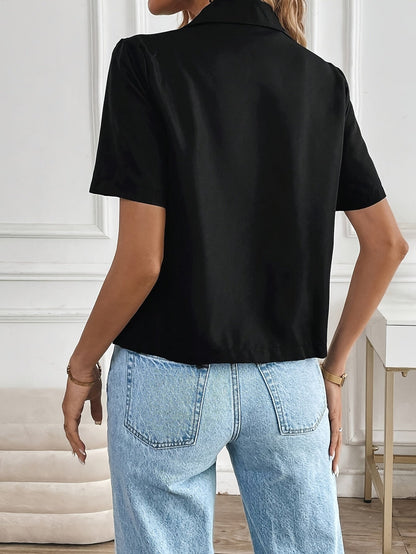 Elegant Cropped Blazer for Women with Notch Lapel Short Sleeve Button Front Casual Style