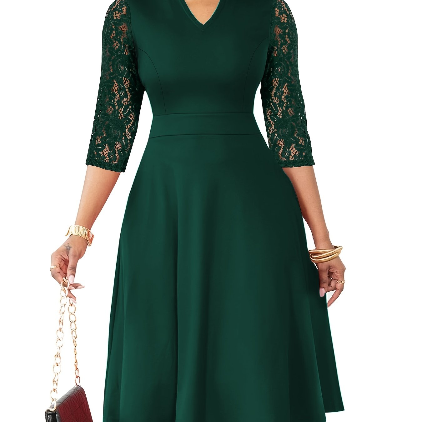 Elegant Lace Sleeve Midi Dress for Women with V Neck Fit and Flare Cocktail Style