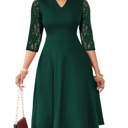 Elegant Lace Sleeve Midi Dress for Women with V Neck Fit and Flare Cocktail Style