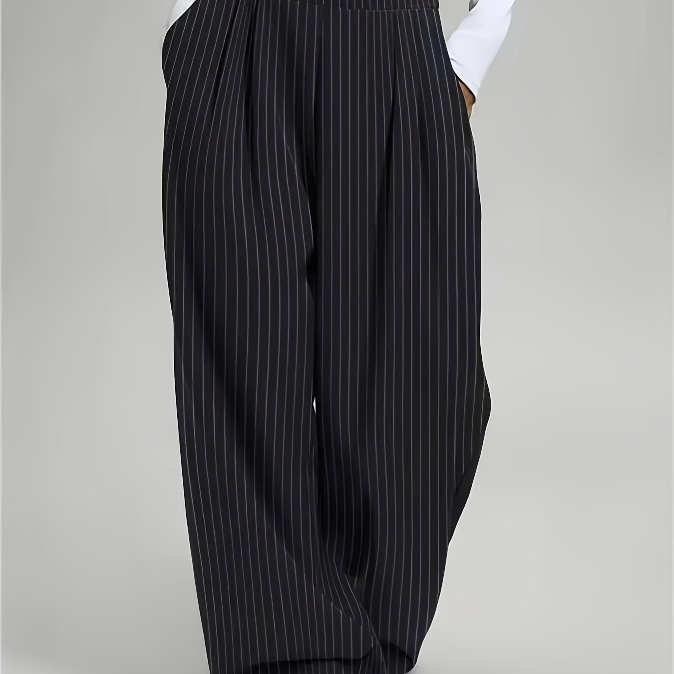 Elegant Black Pinstripe Wide Leg Pants for Women with High Waist Pleated Front Tailored Style
