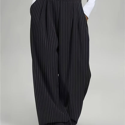 Elegant Black Pinstripe Wide Leg Pants for Women with High Waist Pleated Front Tailored Style
