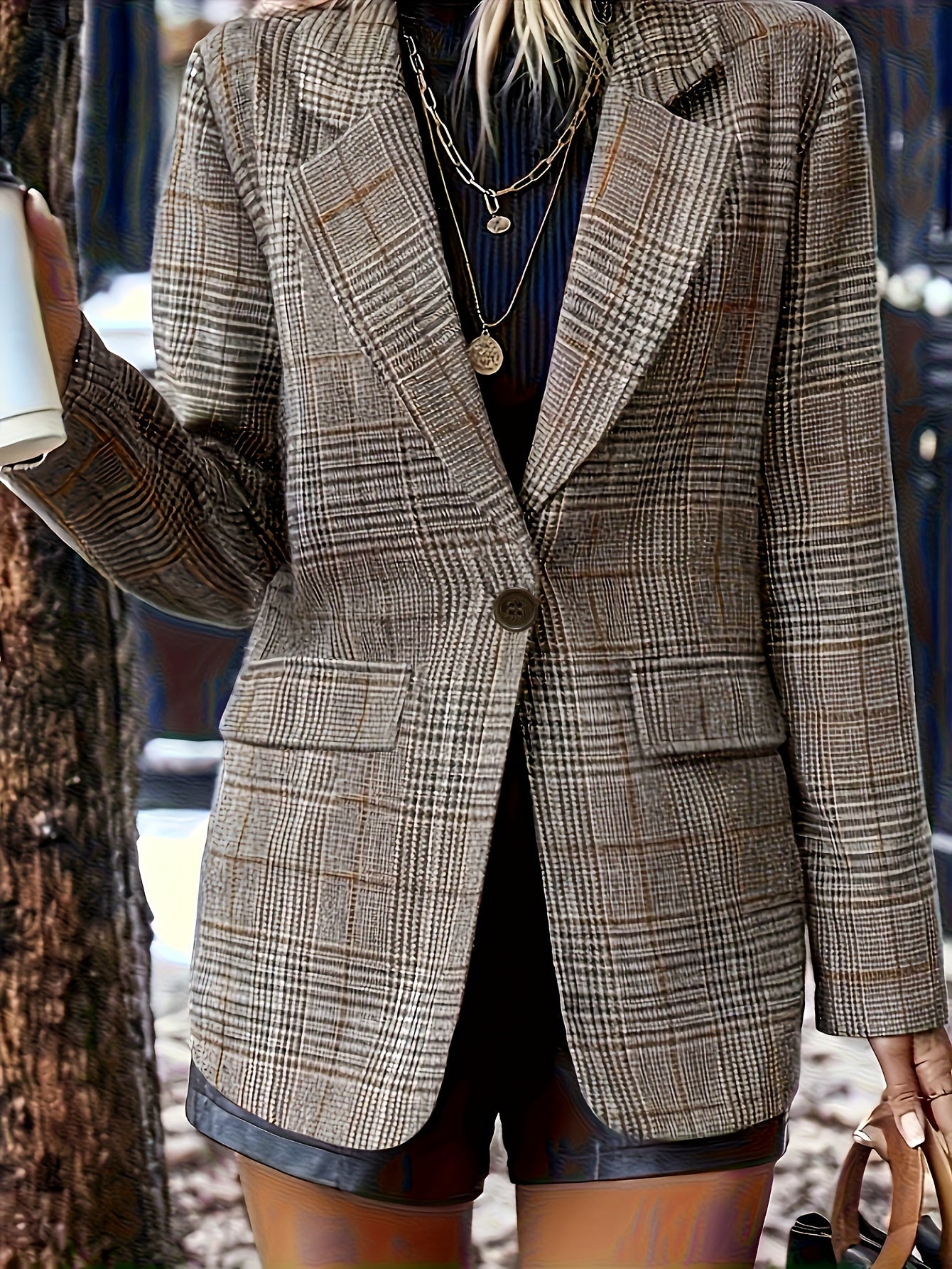 Effortless Plaid Blazer for Women with Notched Lapel Long Sleeve Oversized Relaxed Style