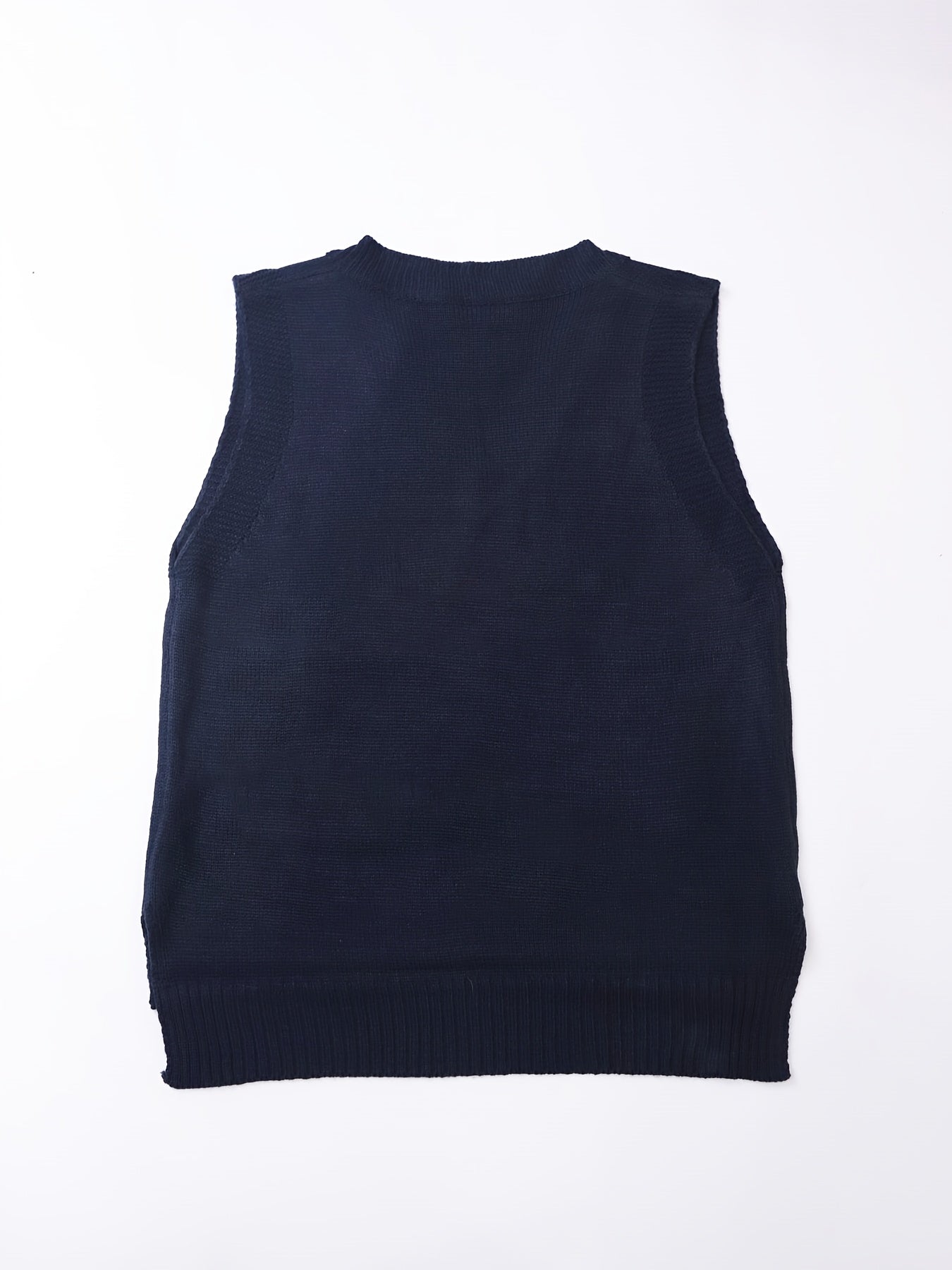 Comfortable Dark Blue Knit Sweater Vest for Women with V Neck Sleeveless Ribbed Trim Relaxed Style