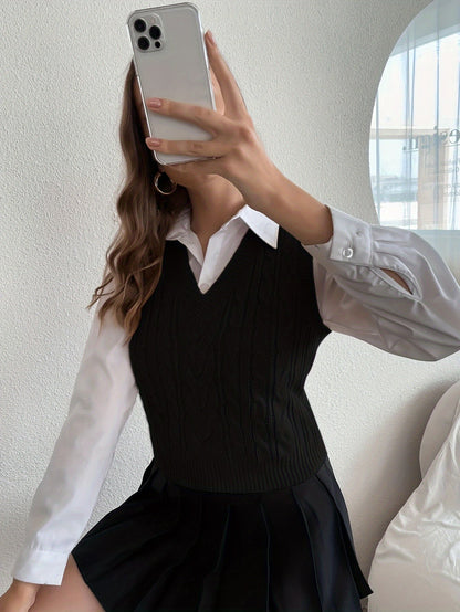 Comfortable Cable Knit Sweater Vest for Women with V Neck Sleeveless Ribbed Hem Relaxed Style