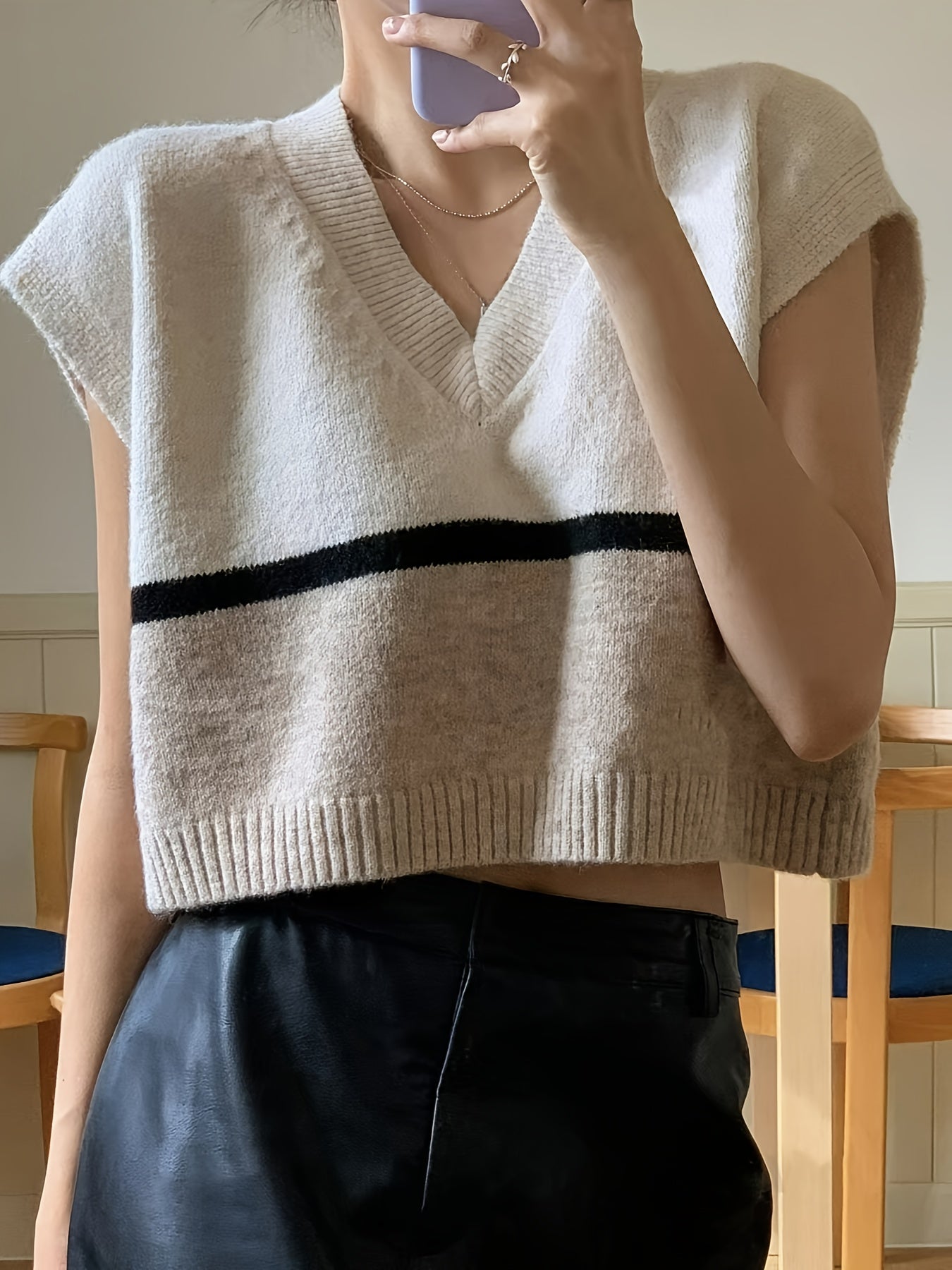 Elegant Apricot Colorblock Sweater Vest for Women with V Neck Sleeveless Cropped Oversized Knit Style