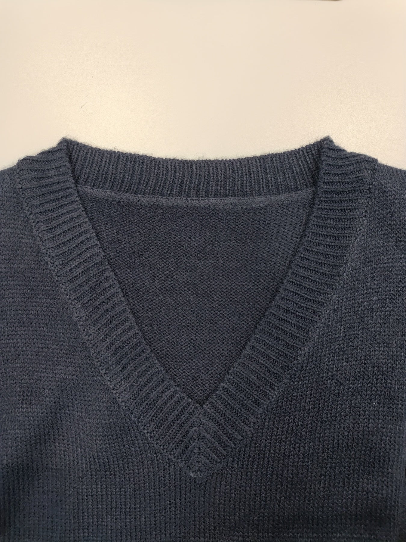 Comfortable Dark Blue Knit Sweater Vest for Women with V Neck Sleeveless Ribbed Trim Relaxed Style