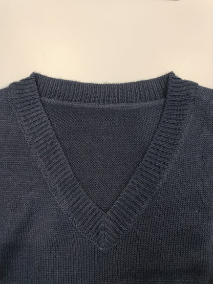 Comfortable Dark Blue Knit Sweater Vest for Women with V Neck Sleeveless Ribbed Trim Relaxed Style