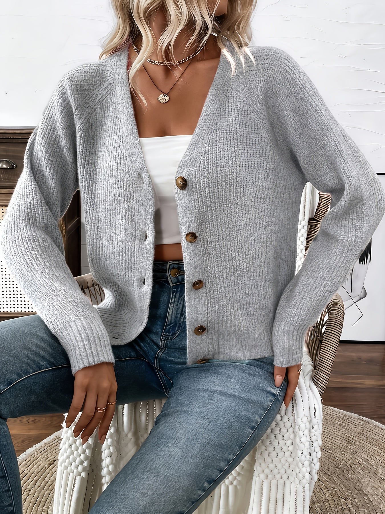 Comfortable Ribbed Knit Cardigan Sweater for Women with V Neck Long Sleeve Button Front Relaxed Style