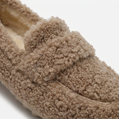 Comfortable House Shoes for Women with Curly Faux Fur Upper Moccasin Slip On Rubber Sole Style