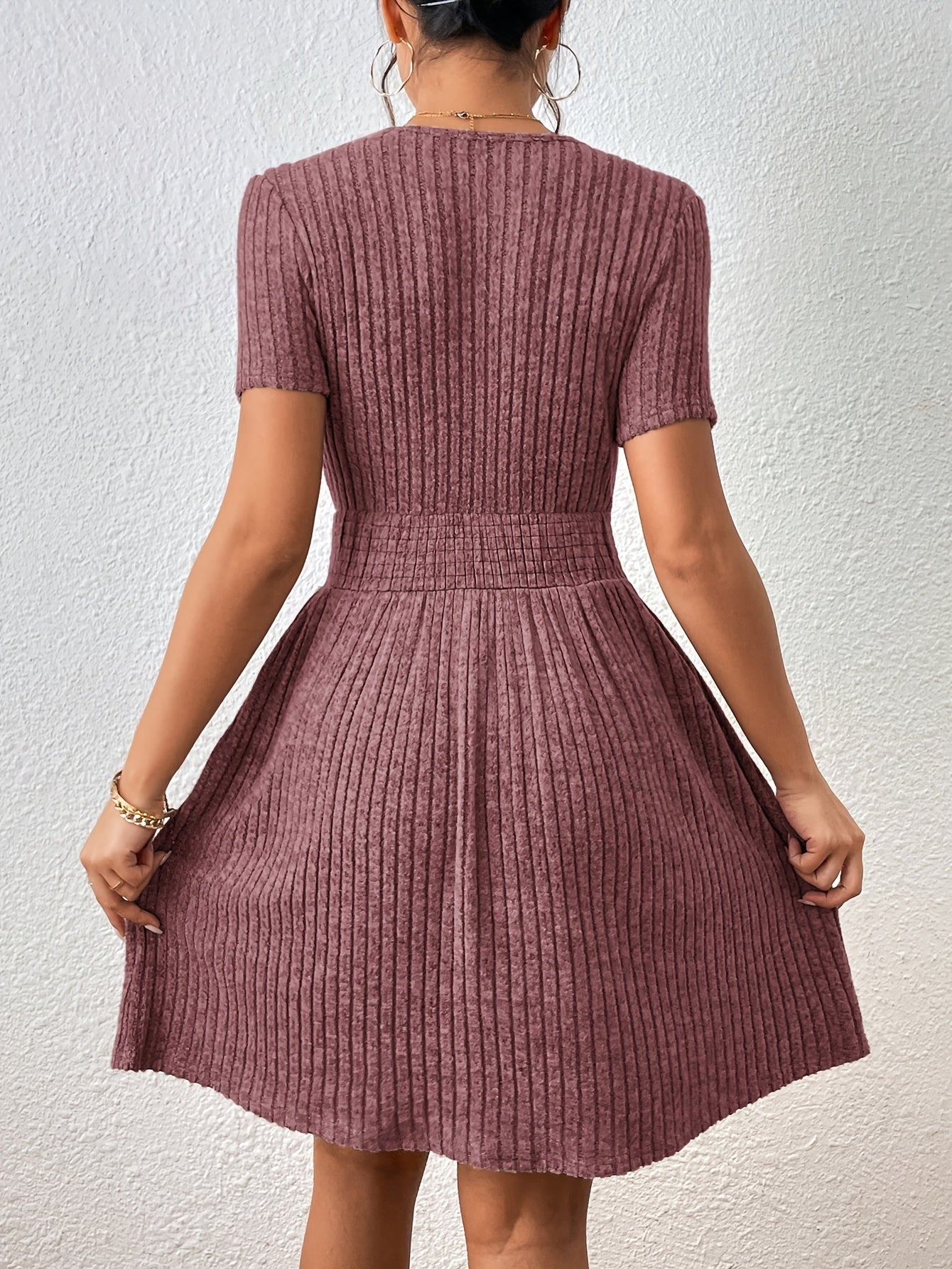 Comfortable Ribbed Knit Fit and Flare Mini Dress for Women with Round Neck Short Sleeve Smocked Waist Casual Style