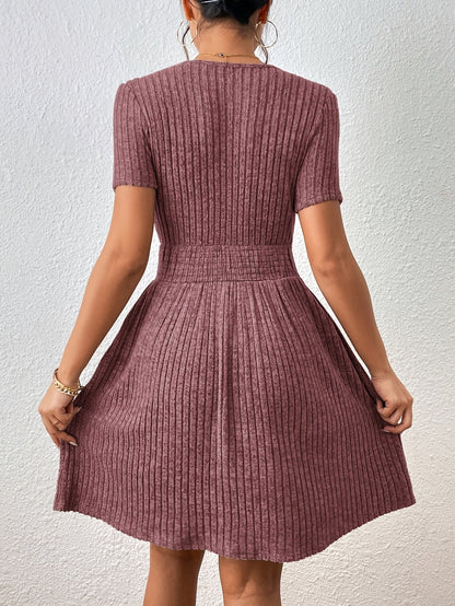 Comfortable Ribbed Knit Fit and Flare Mini Dress for Women with Round Neck Short Sleeve Smocked Waist Casual Style