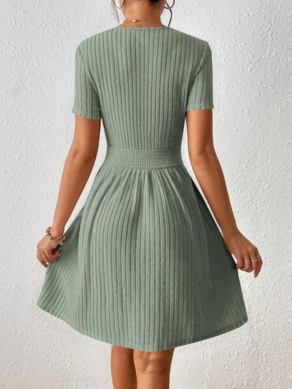 Comfortable Ribbed Knit Fit and Flare Mini Dress for Women with Round Neck Short Sleeve Smocked Waist Casual Style