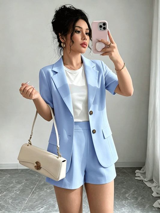Elegant Tailored Short Suit for Women with Notched Lapel Half Sleeve Button Front Blazer Two Piece Style