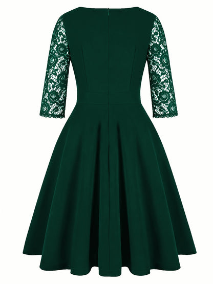 Elegant Lace Midi Dress for Women with Square Neck Three Quarter Sleeve Fit and Flare Cocktail Style