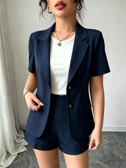Elegant Tailored Short Suit for Women with Notched Lapel Half Sleeve Button Front Blazer Two Piece Style
