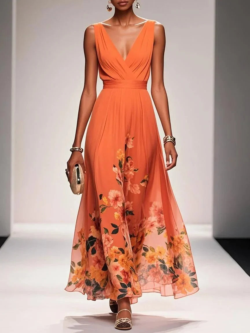 Effortless Floral Maxi Dress for Women with V Neck Sleeveless Flowing Formal Wedding Guest Style