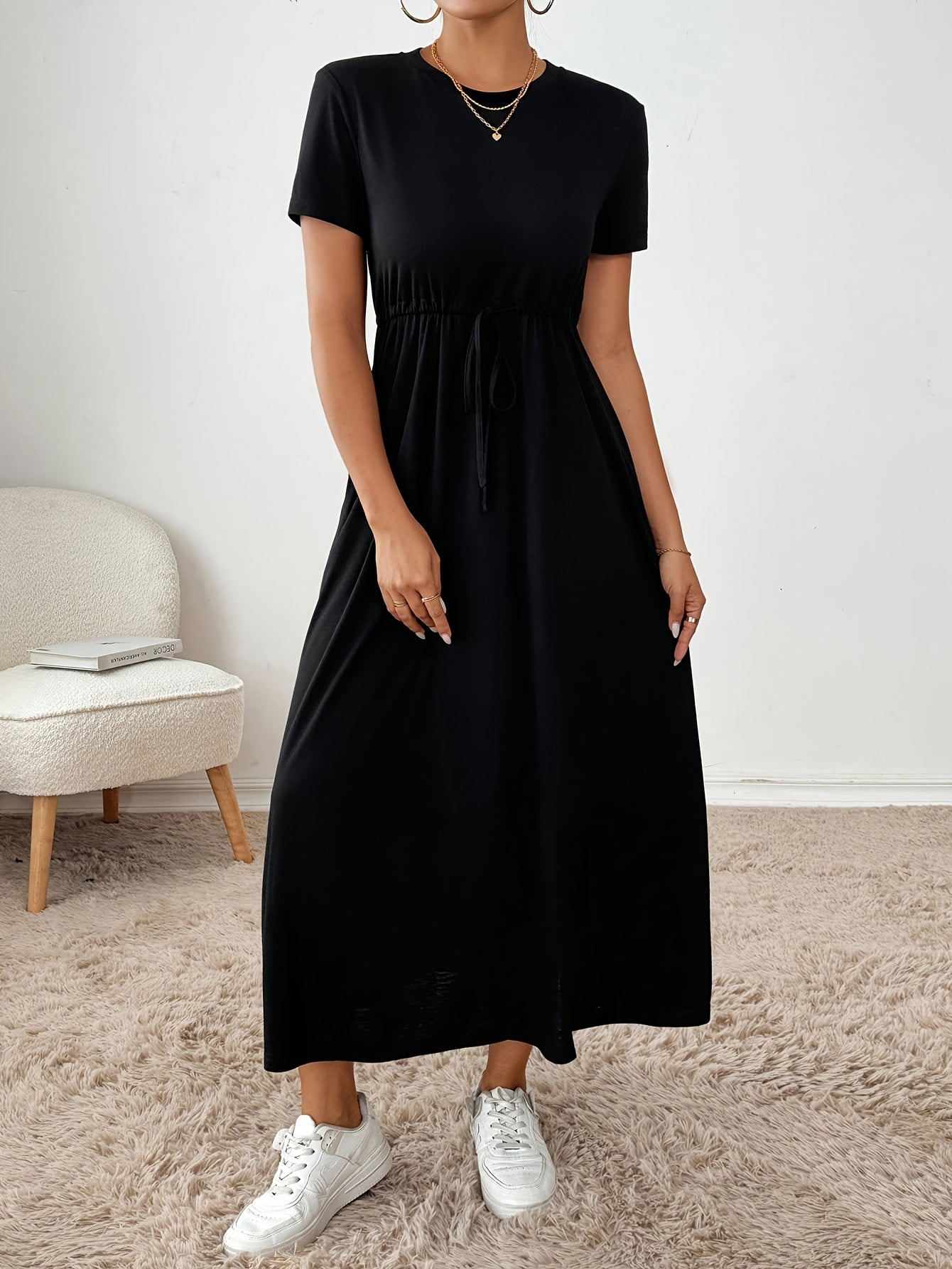 Effortless Drawstring Maxi Dress for Women with Round Neck Short Sleeve Cinched Waist Flowing Casual Style