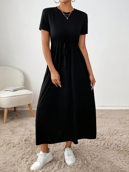 Effortless Drawstring Maxi Dress for Women with Round Neck Short Sleeve Cinched Waist Flowing Casual Style