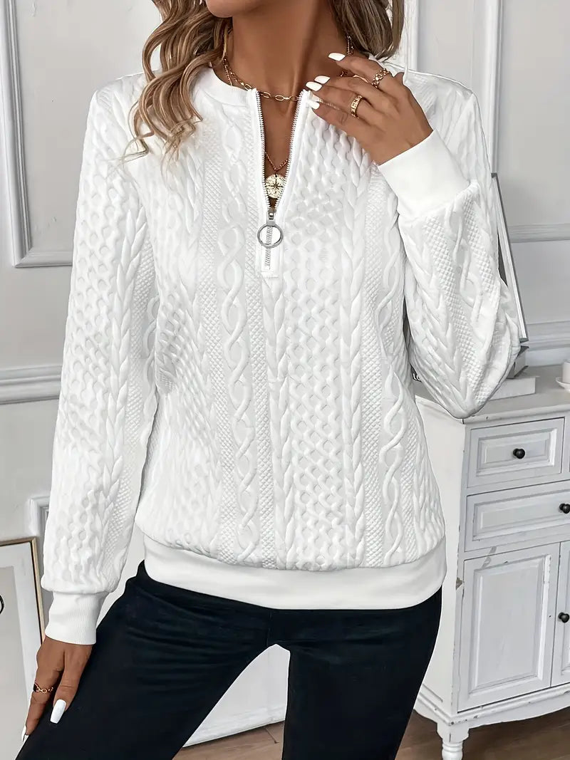 Comfortable Cable Knit Sweater for Women with Zip Neck Long Sleeve Textured Relaxed Style