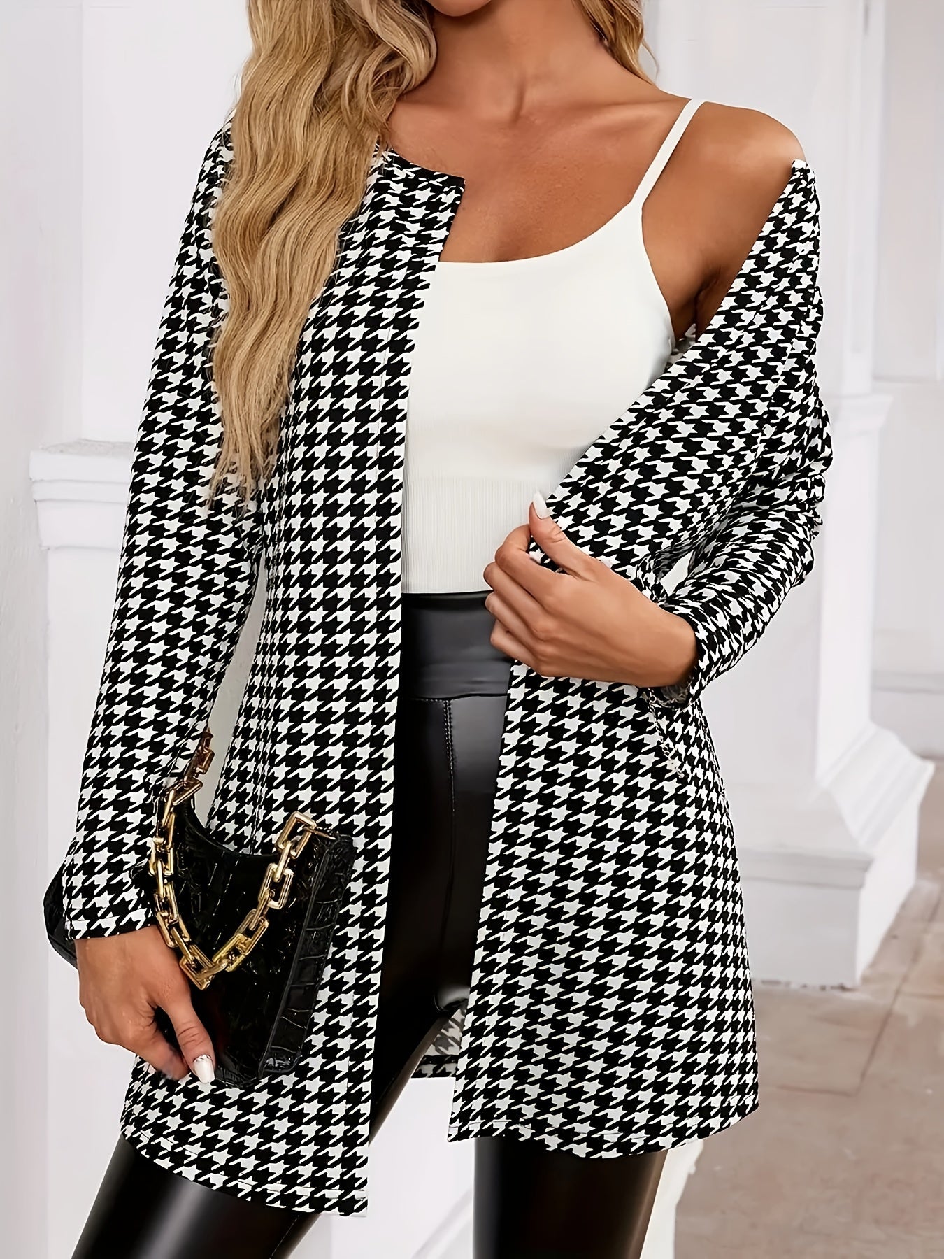Elegant Houndstooth Print Cardigan for Women with Open Front Long Sleeve Longline Duster Style