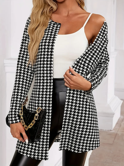 Elegant Houndstooth Print Cardigan for Women with Open Front Long Sleeve Longline Duster Style