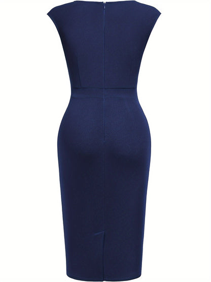 Elegant Sheath Midi Dress for Women with Sweetheart Neck Cap Sleeve Ruched Bodycon Style