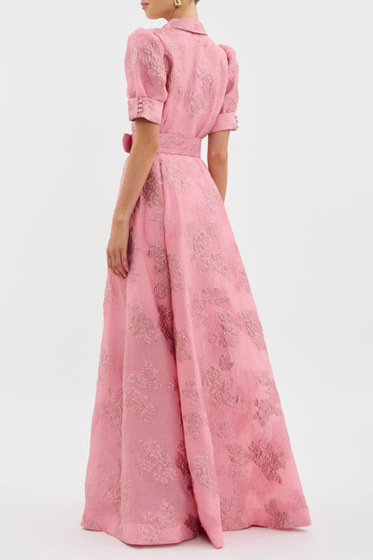 Elegant Pink Floral Jacquard Shirt Dress for Women with Collar Puff Sleeve Belted Maxi Flowing Style