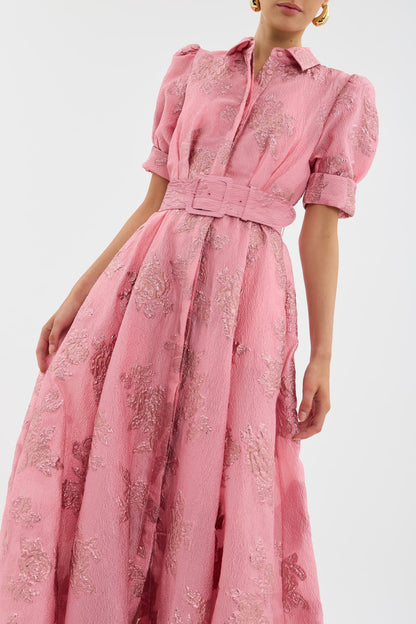 Elegant Pink Floral Jacquard Shirt Dress for Women with Collar Puff Sleeve Belted Maxi Flowing Style