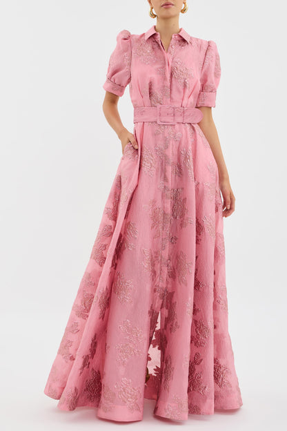 Elegant Pink Floral Jacquard Shirt Dress for Women with Collar Puff Sleeve Belted Maxi Flowing Style