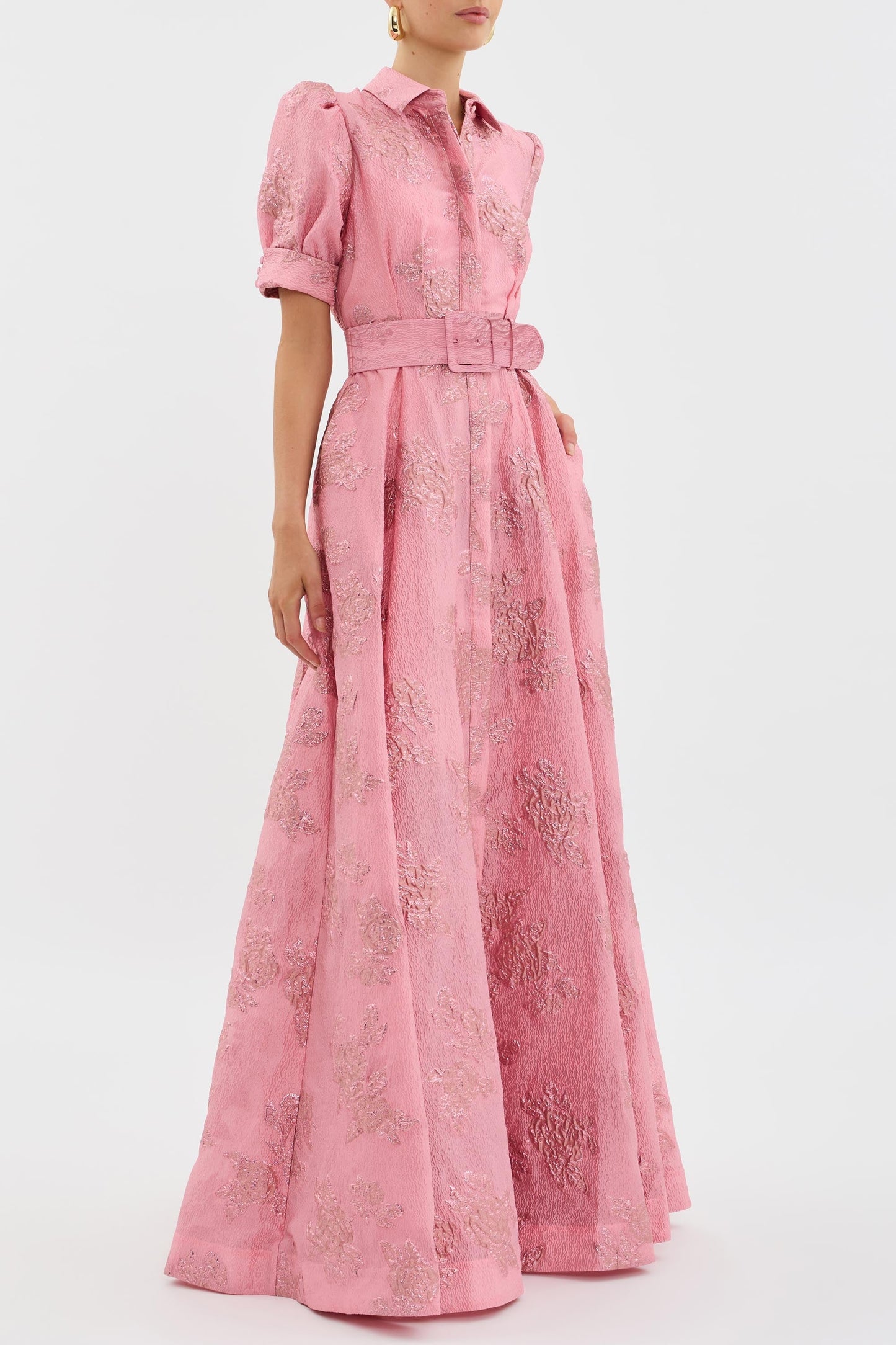 Elegant Pink Floral Jacquard Shirt Dress for Women with Collar Puff Sleeve Belted Maxi Flowing Style