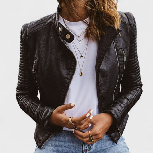 Elegant Black Leather Moto Jacket for Women with Snap Collar Long Sleeve Quilted Cropped Casual Style