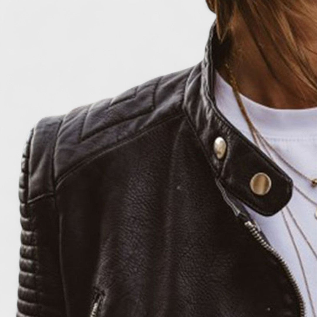 Elegant Black Leather Moto Jacket for Women with Snap Collar Long Sleeve Quilted Cropped Casual Style