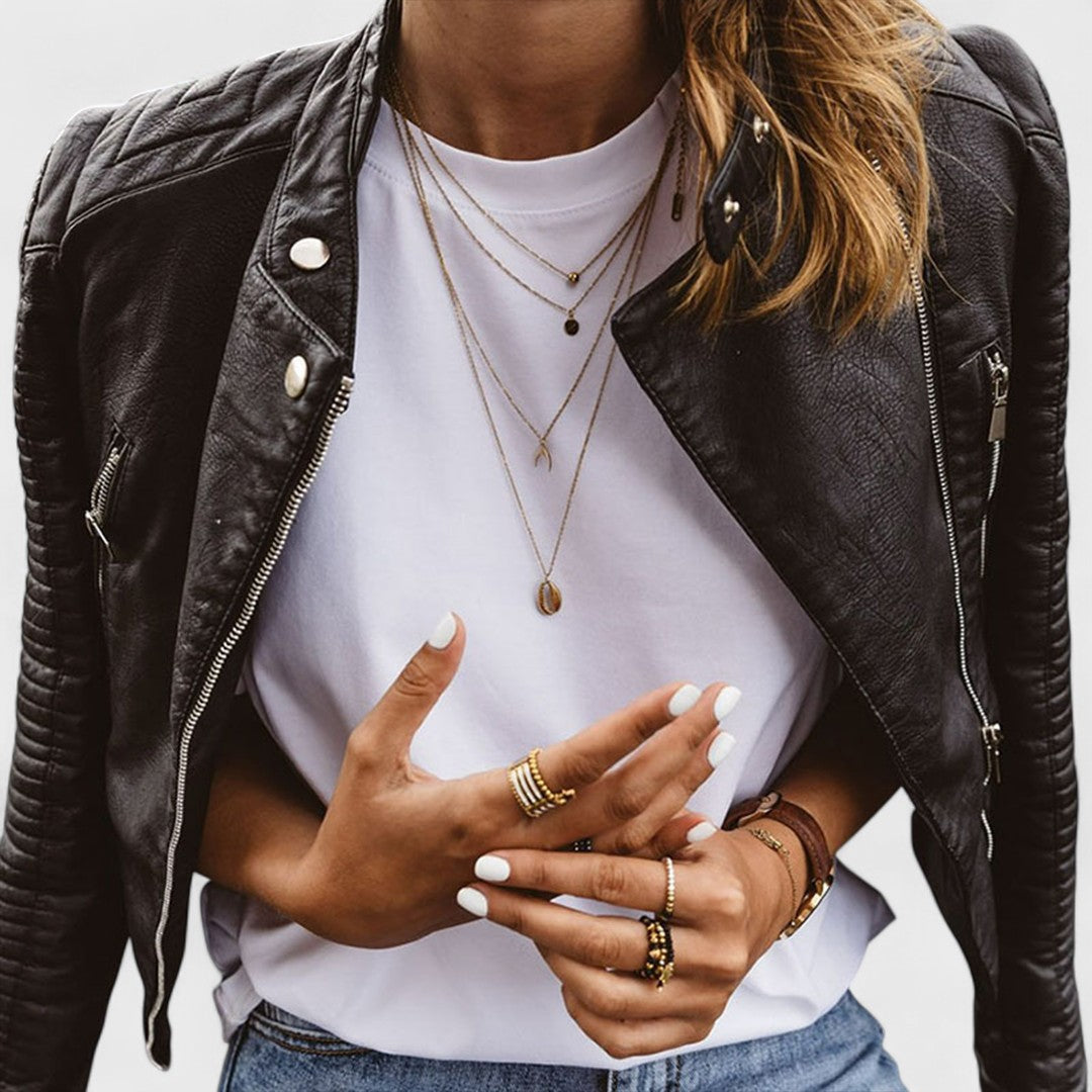 Elegant Black Leather Moto Jacket for Women with Snap Collar Long Sleeve Quilted Cropped Casual Style