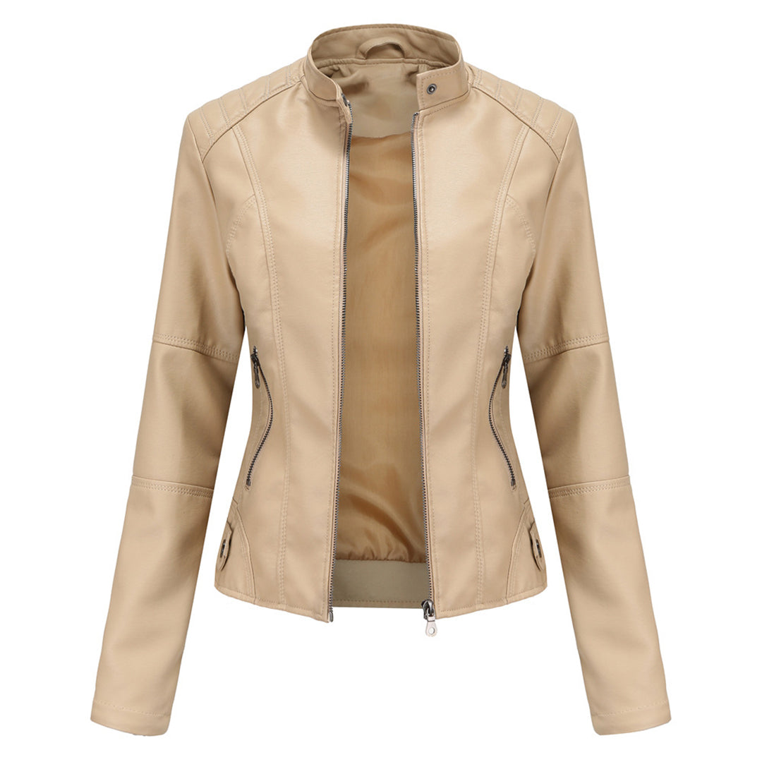 Elegant Faux Leather Moto Jacket for Women with Stand Collar Long Sleeve Quilted Shoulder Casual Style