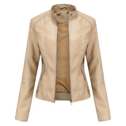 Elegant Faux Leather Moto Jacket for Women with Stand Collar Long Sleeve Quilted Shoulder Casual Style