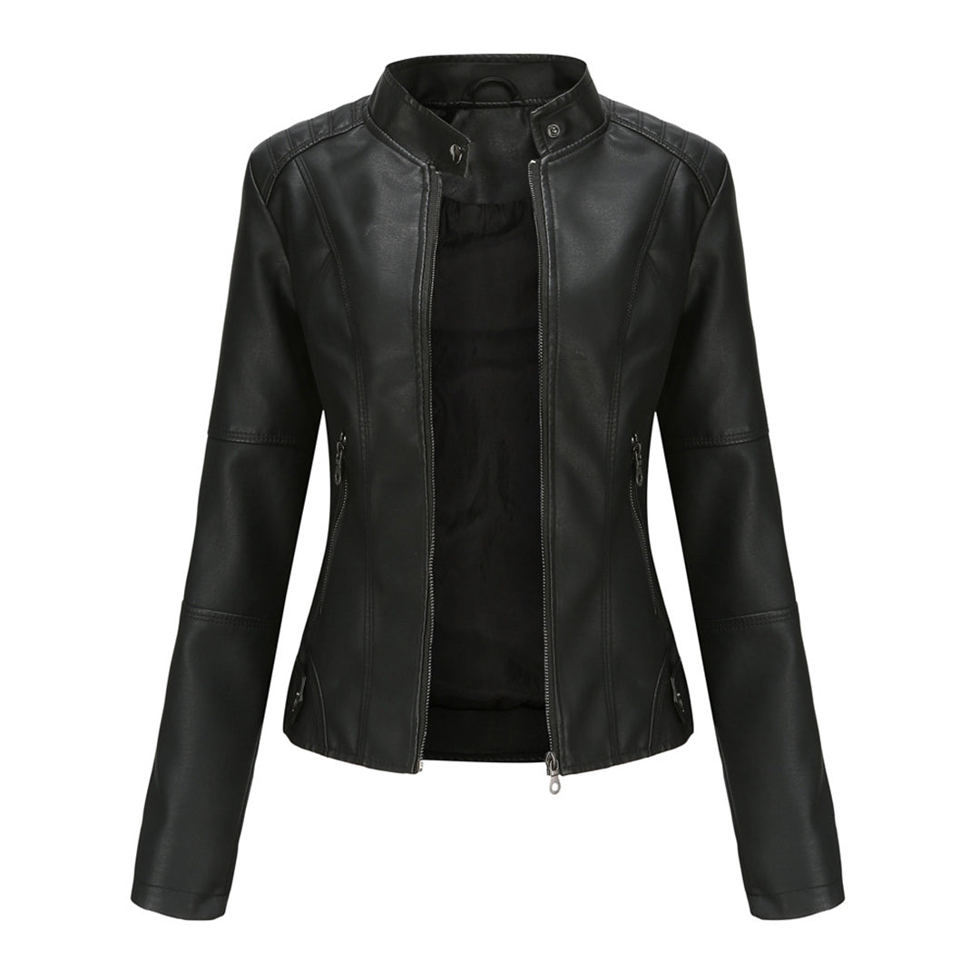 Elegant Faux Leather Moto Jacket for Women with Stand Collar Long Sleeve Quilted Shoulder Casual Style