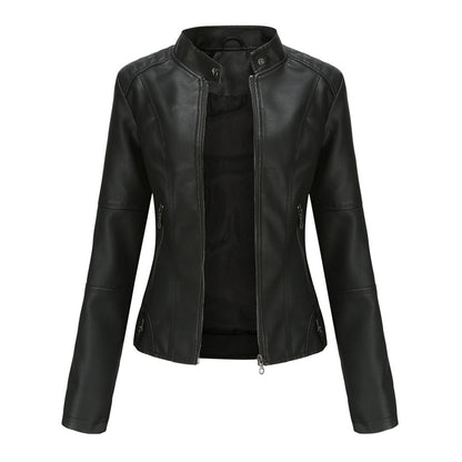 Elegant Faux Leather Moto Jacket for Women with Stand Collar Long Sleeve Quilted Shoulder Casual Style