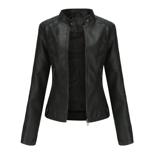 Elegant Faux Leather Moto Jacket for Women with Stand Collar Long Sleeve Quilted Shoulder Casual Style