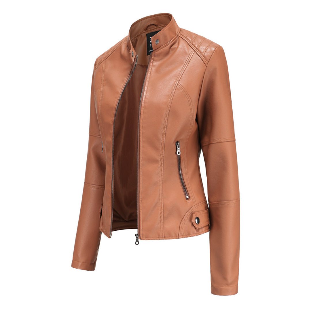 Elegant Faux Leather Moto Jacket for Women with Stand Collar Long Sleeve Quilted Shoulder Casual Style
