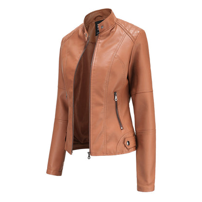 Elegant Faux Leather Moto Jacket for Women with Stand Collar Long Sleeve Quilted Shoulder Casual Style