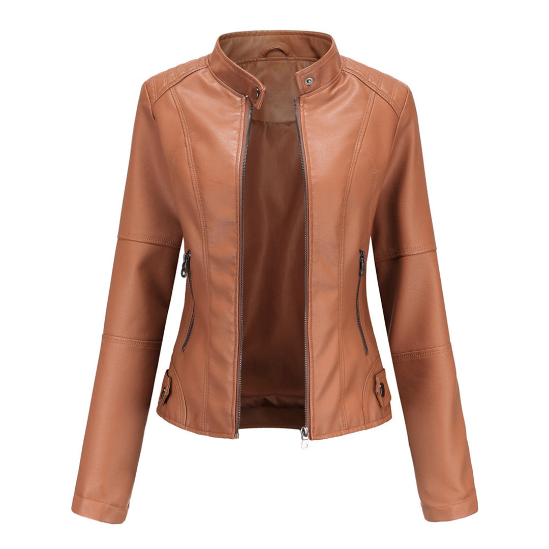 Elegant Faux Leather Moto Jacket for Women with Stand Collar Long Sleeve Quilted Shoulder Casual Style