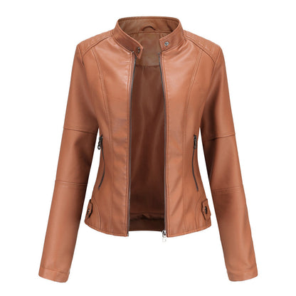 Elegant Faux Leather Moto Jacket for Women with Stand Collar Long Sleeve Quilted Shoulder Casual Style
