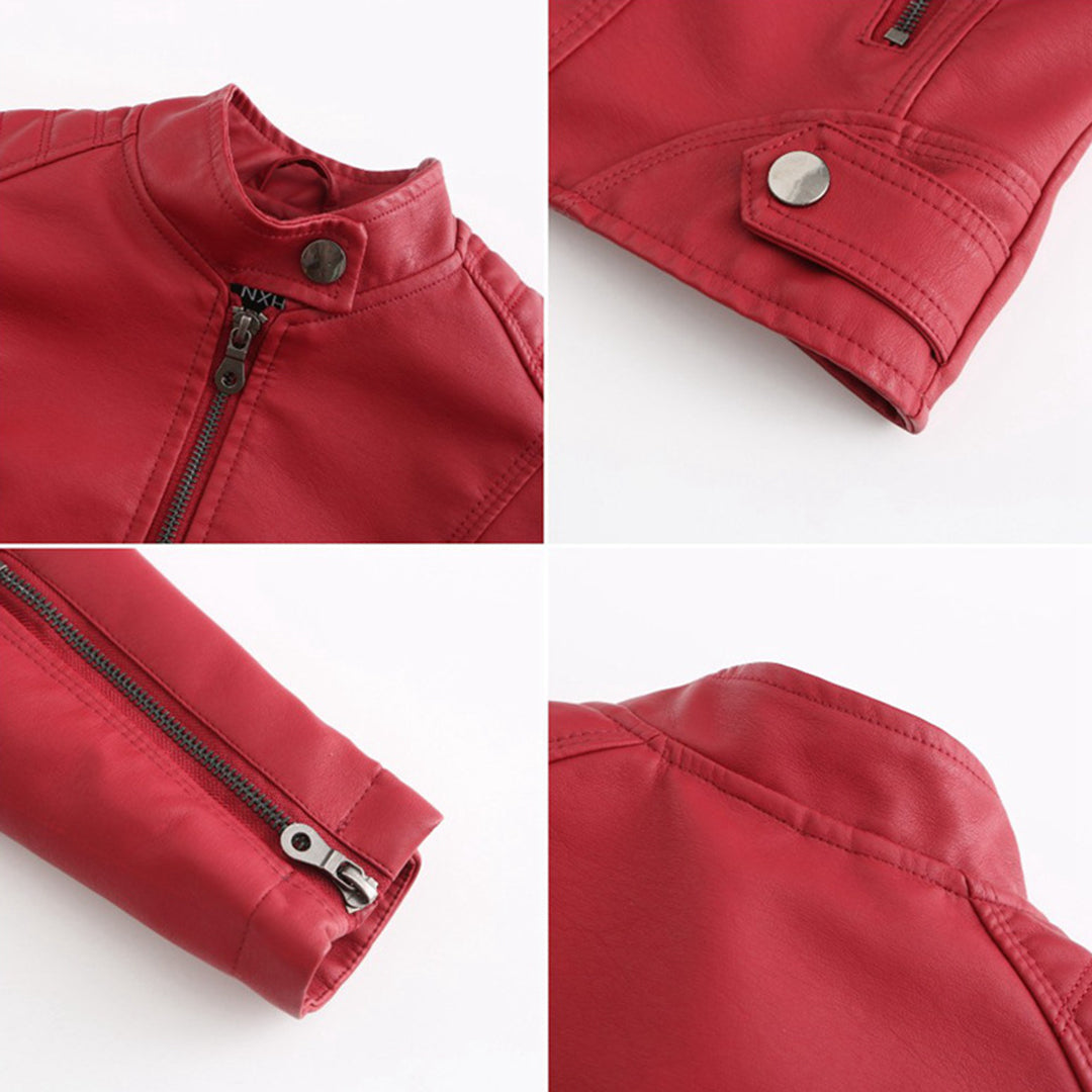 Elegant Faux Leather Moto Jacket for Women with Stand Collar Long Sleeve Quilted Shoulder Casual Style